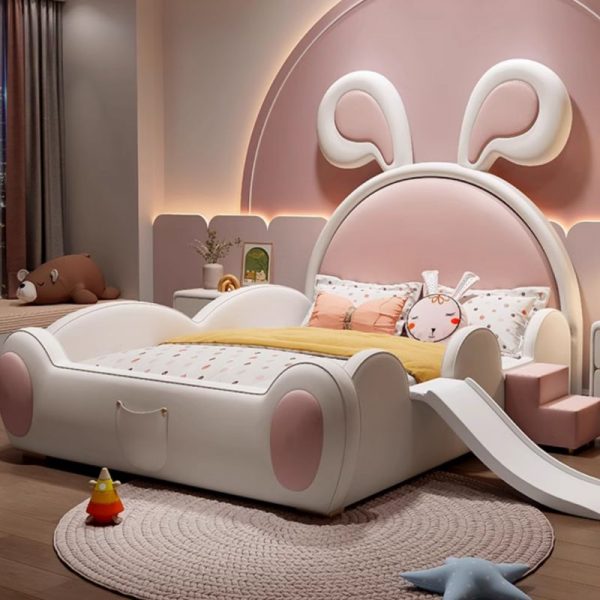 "Animals Girl/ Woman+ Headboard Carnation Genuine Leather Upholstered Coir Standard Kids Bed"