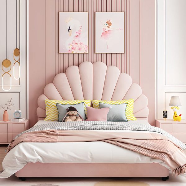 "Peony Princess-Themed Standard Kids Bed, Vinyl Leather with Coir Mattress, Headboard & Underbed Storage for Girls"