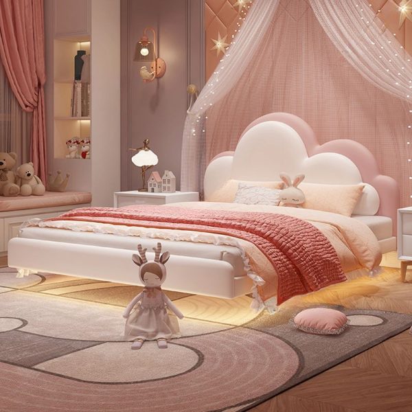 "Chalk Trendy Princess Theme Standard Kids Bed with Vinyl Leather Upholstery, Coir Mattress, and Headboard for Girl/Woman+"