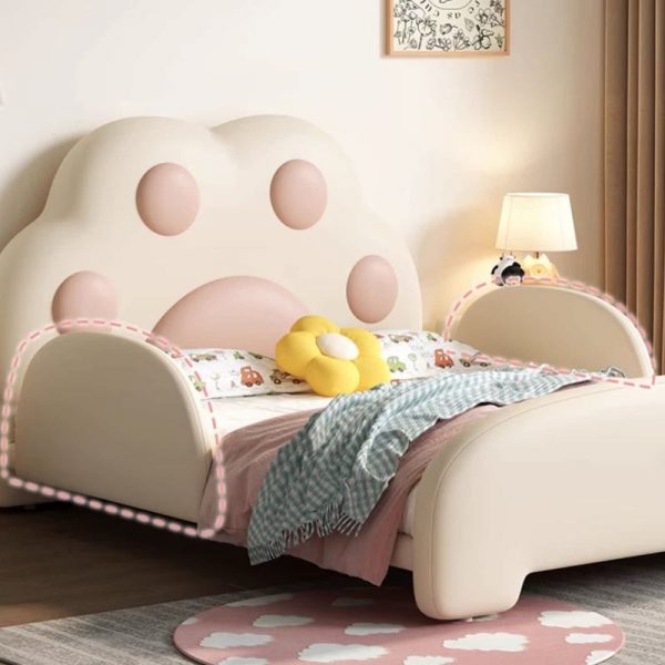 "White Genuine Leather Lift Up Storage Kids Bed for Girl/Woman+ with Animals Theme, Locker Storage, Headboard & Footboard"