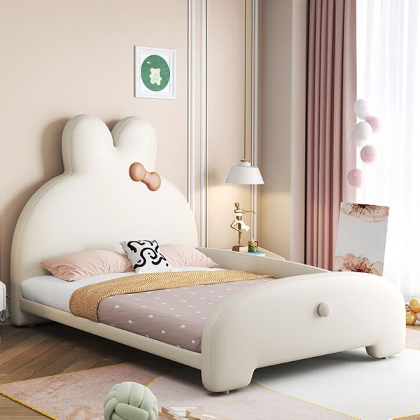 "White Lumber Standard Kids Bed with Animal Theme, Artificial Leather, Headboard, Footboard, and Coir Mattress"