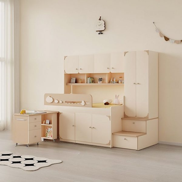 "Dollhouse Themed Children Loft Bed with 5 Cabinets, 1 Shelf, and Built-in Desk"