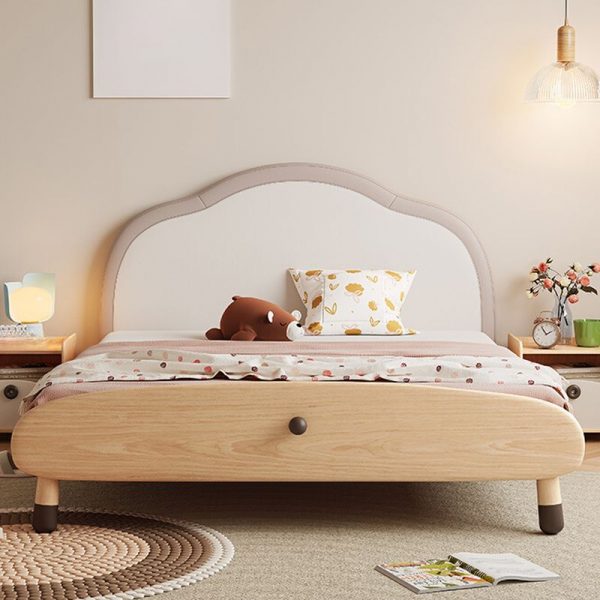 "Modern Simple Style Dove Grey Timber Standard Children Bed with Vinyl Leather Soft Cushion, Headboard, Coir Mattress, Gender Neutral"