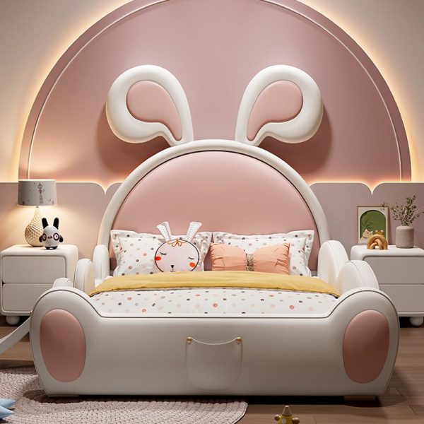 "Peony Upholstered Standard Kids Bed with Vinyl Leather, Animal Theme, Ladder & Headboard for Girls"