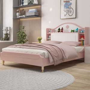 "Peony Trendy Wood Standard Kids Bed with Latex Mattress, Headboard Storage, and Detachable Guardrails for Girl/Woman+"