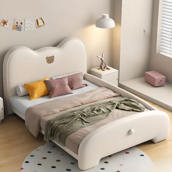 "Chalk Upholstered Standard Kids Bed with Animal Theme, Genuine Leather, Headboard, Footboard, and Detachable Guardrails"