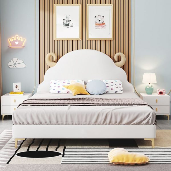 "White Underbed Standard Kids Bed with Headboard, Animals Platform & Leatherette Upholstered"