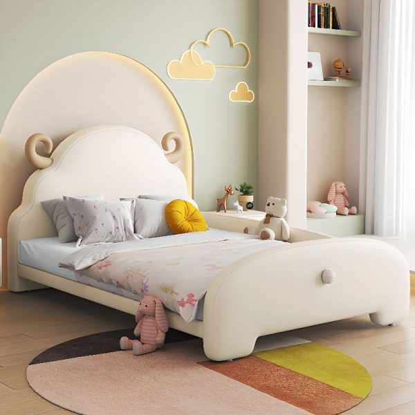 "Chalk Upholstered Standard Children Bed with Faux Leather, Animal Theme, Headboard, Footboard, and Guardrail"